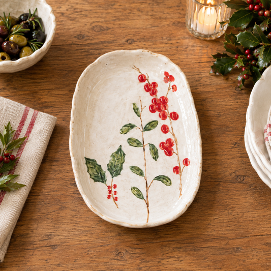 Holly & Red Berries Stoneware Oval Dish