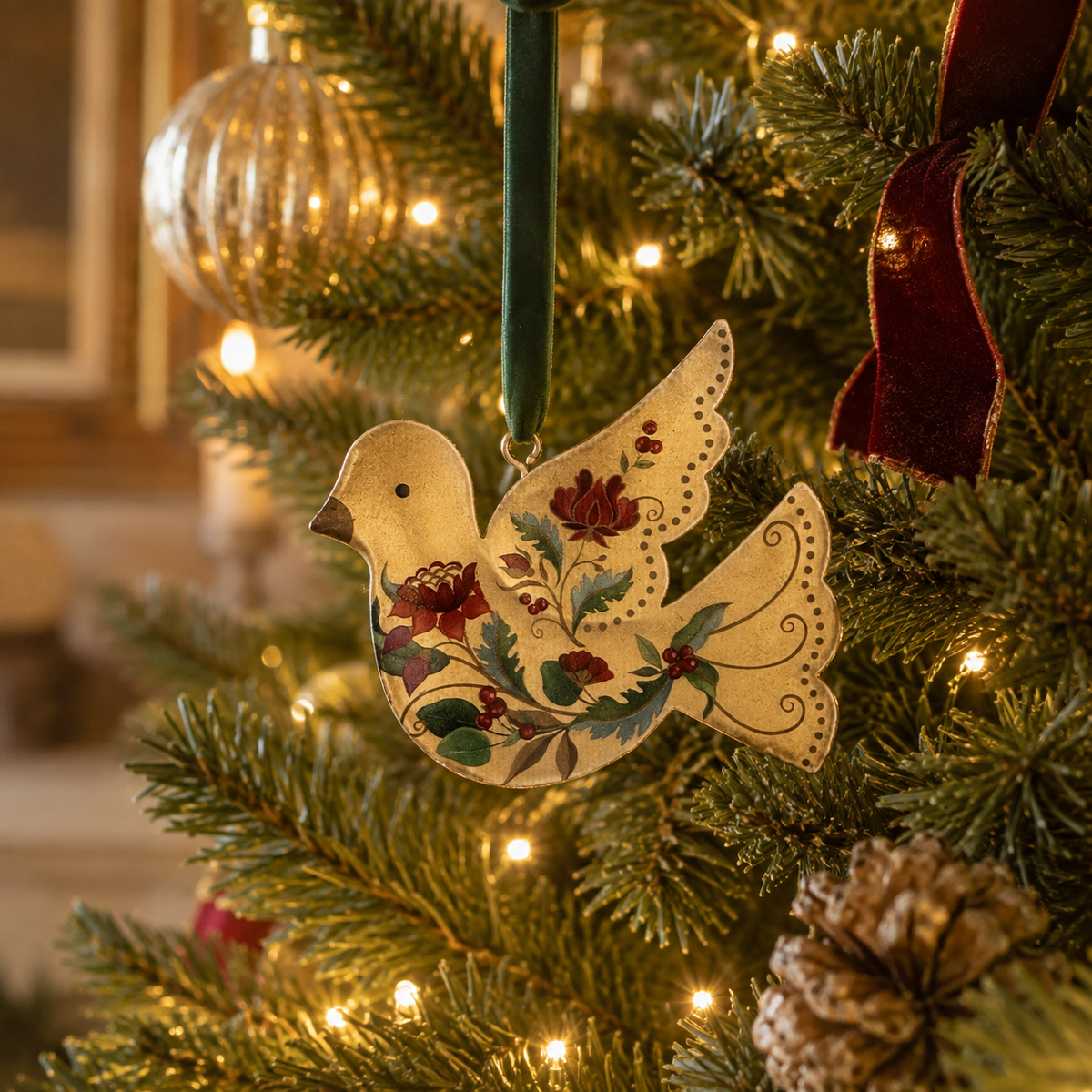 Floral Gold Tin Bird Decoration