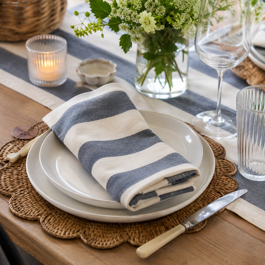 Blue & Cream Wide Stipe Cotton Napkins - Set of 4
