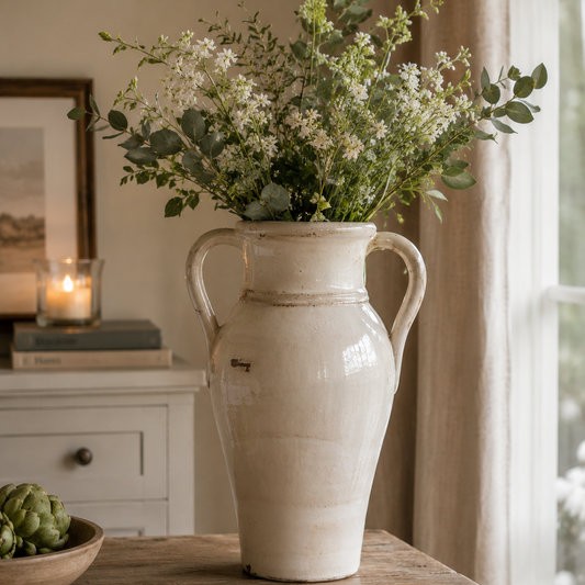 Cream Distressed Tall Urn Vase with Handles
