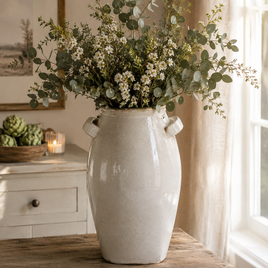 Tall White Terracotta Glazed Vase with Handles - *Collection From Store Only*
