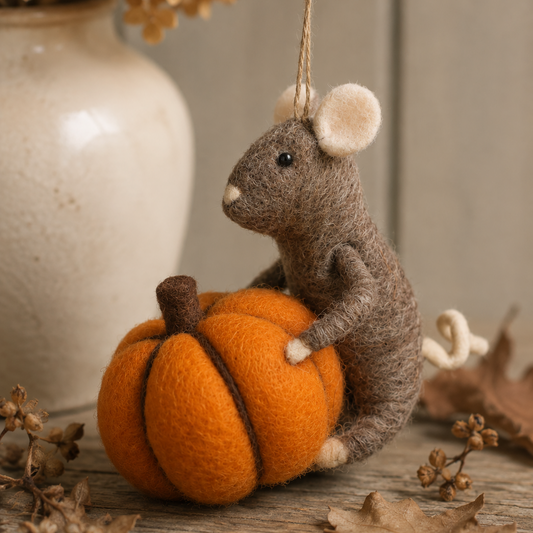 Felt Autumn Mouse with Large Pumpkin