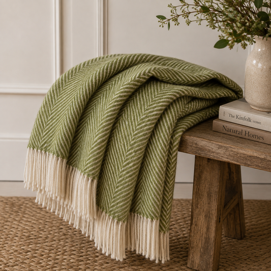 Herringbone British Wool Throw: Green
