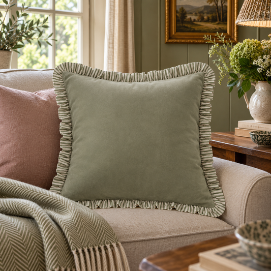 Stripe Ruffle Matte Velvet Cushion in Sage