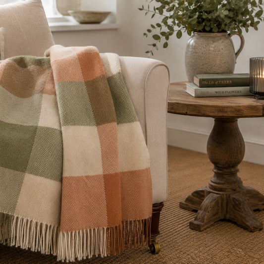 British Wool Block Check Throw: Terracotta/Green