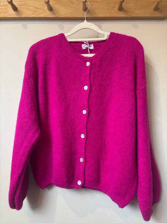 Mohair Round Neck Cardigan - Fuchsia