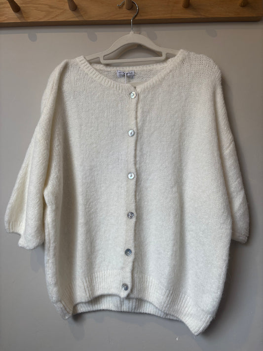 Cropped Sleeve Alpaca Cardigan - Cream