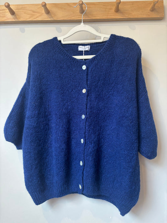 Cropped Sleeve Alpaca Cardigan - Navy