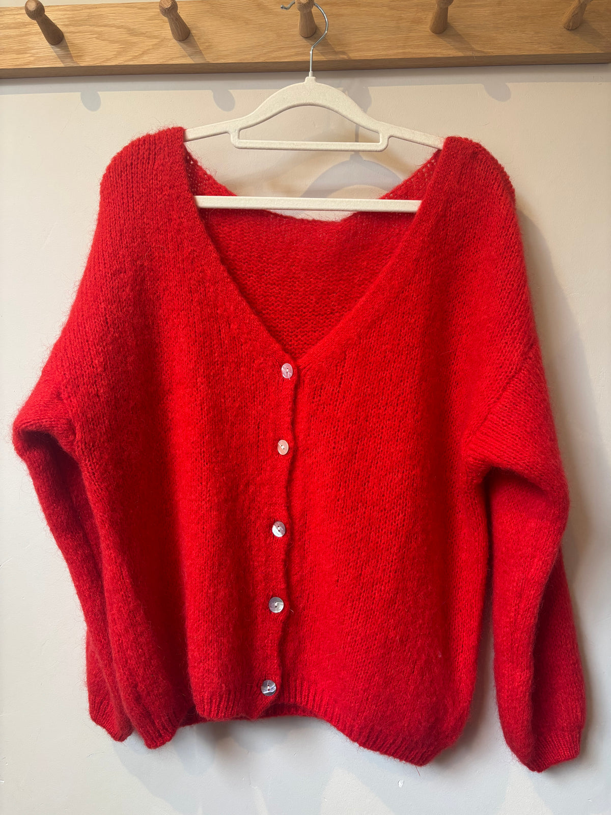 V Neck Mohair Cardigan - Red