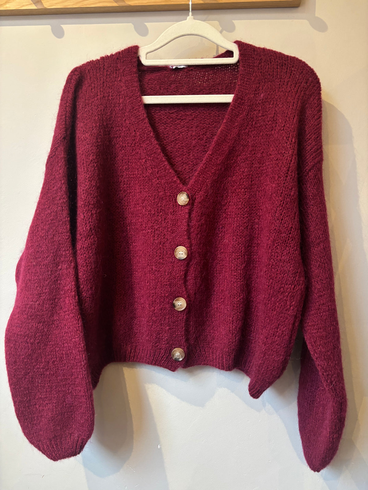 V Neck Mohair Tortoiseshell Button Cardigan - Wine
