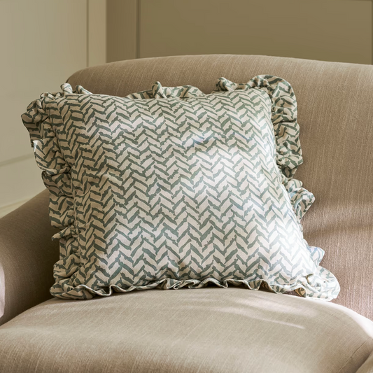 Chevron Pattern Cushion with Frill - Fern