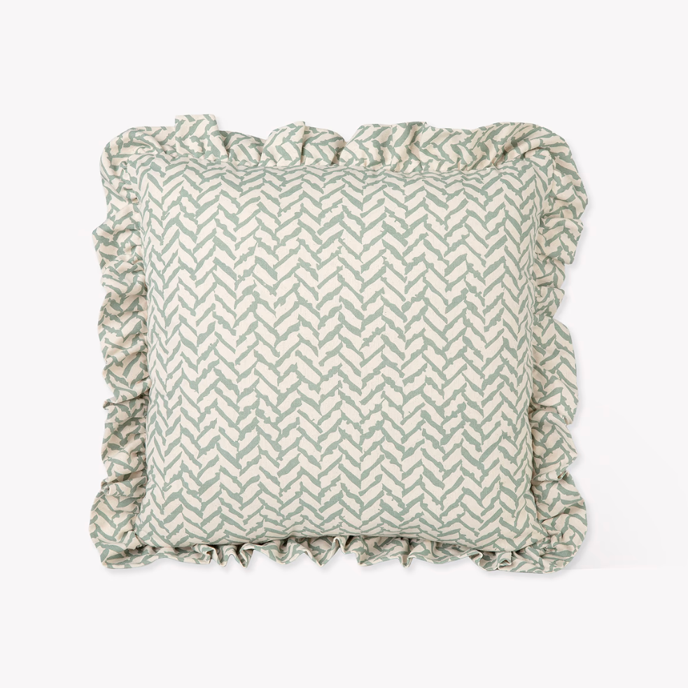 Chevron Pattern Cushion with Frill - Fern