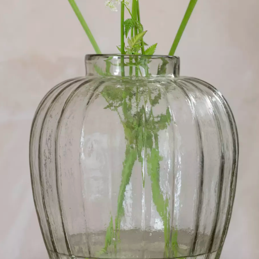 Tall Glass Ribbed Vase