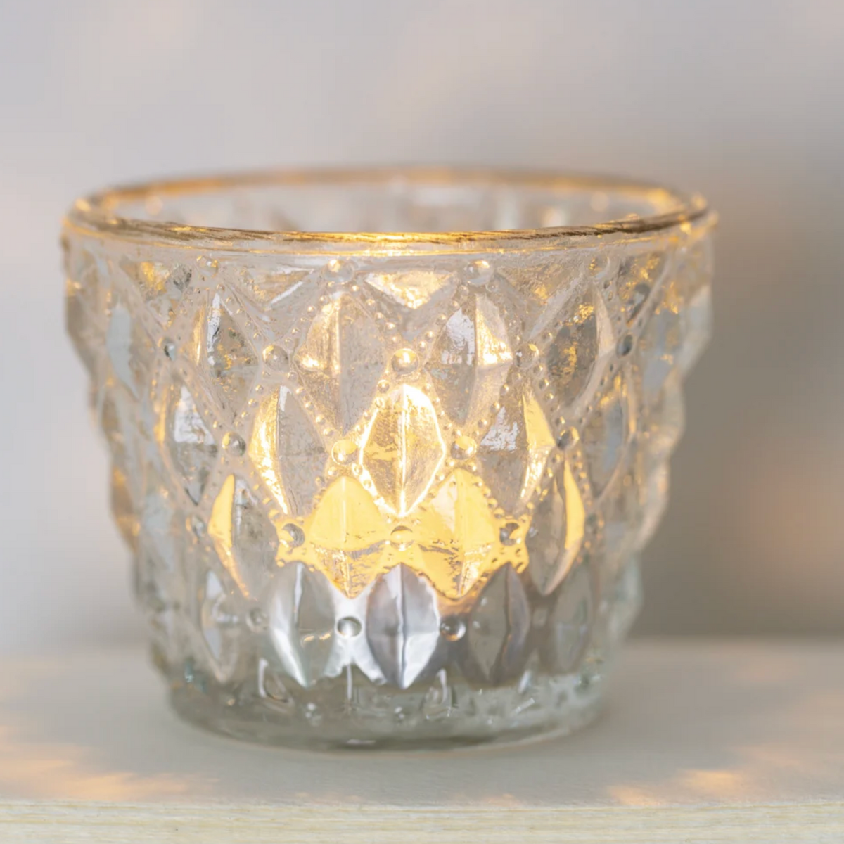 Tealight Holder Pressed Diamond with Gold Rim Small
