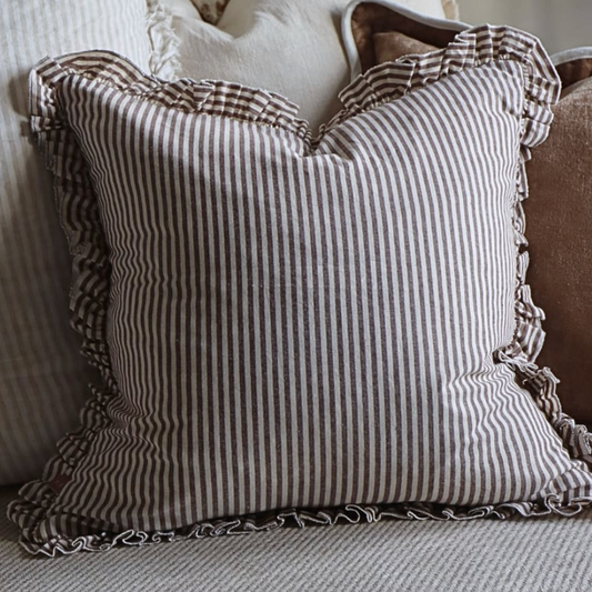 Chocolate Stripe Cushion with Ruffle