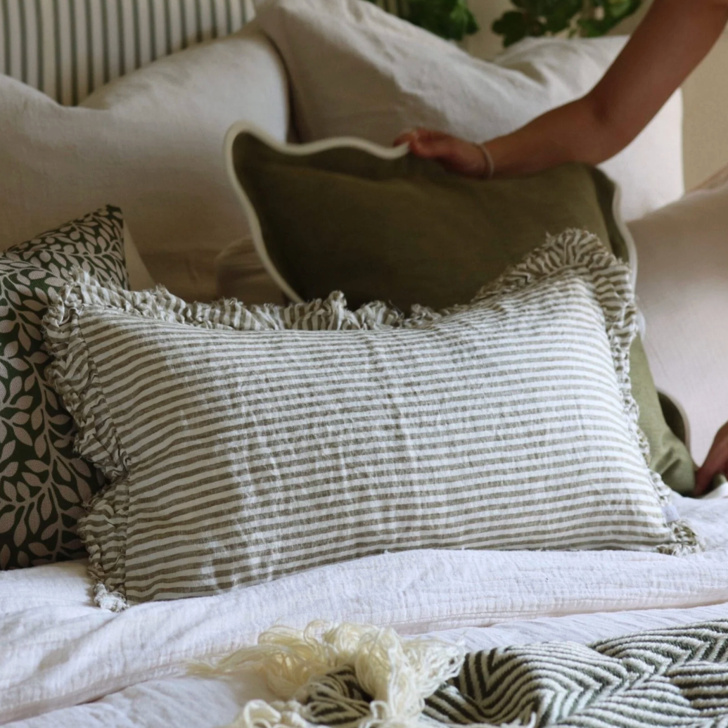 Olive Stripe Ruffled Linen Cushion