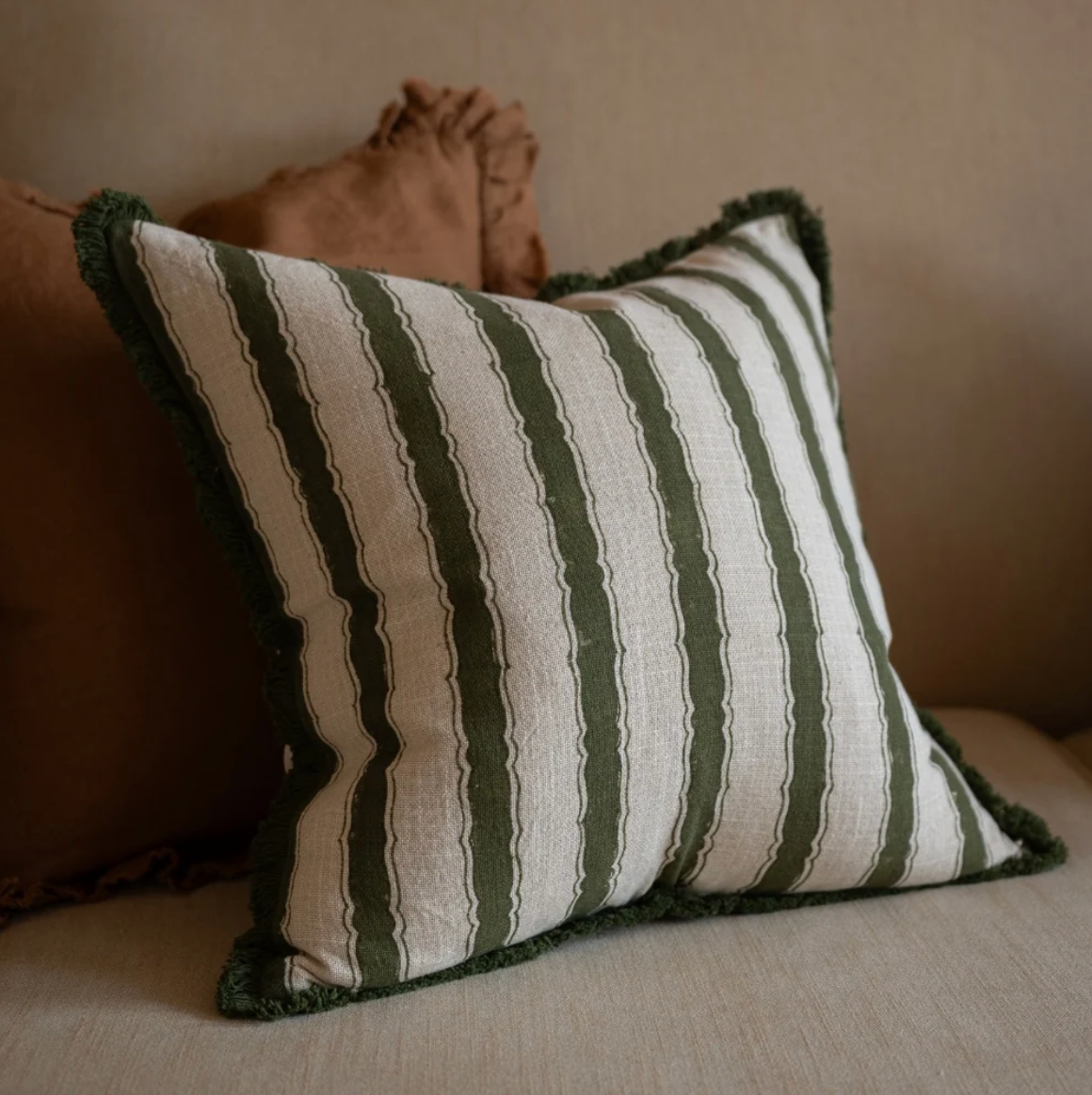 Vintage Style Olive Stripe Cushion