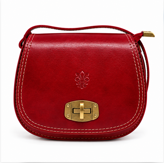 Italian Leather Crossbody Saddle Bag with Turn Lock - Red