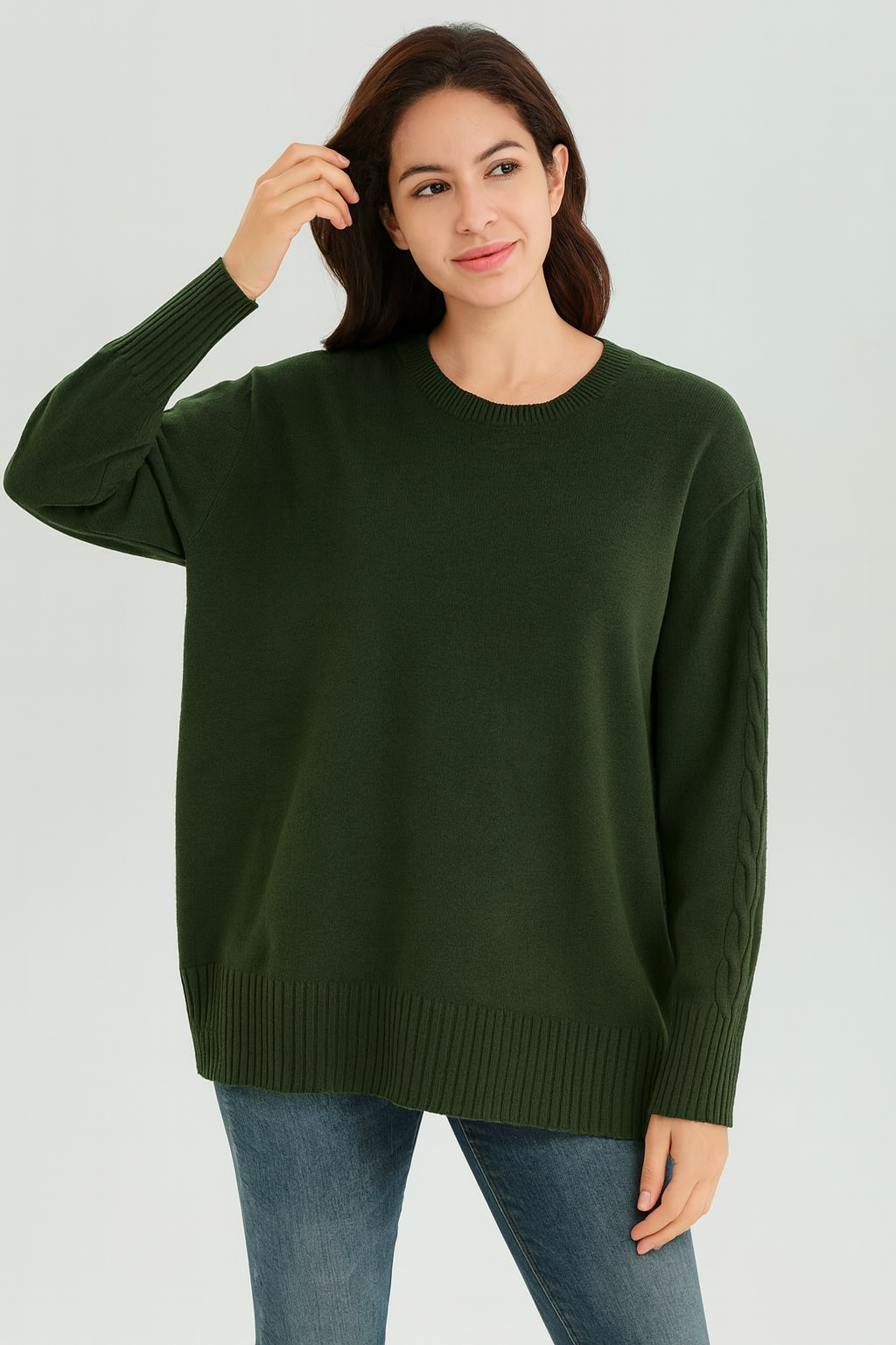 Soft Knit Jumper with Cable Knit Details - Green