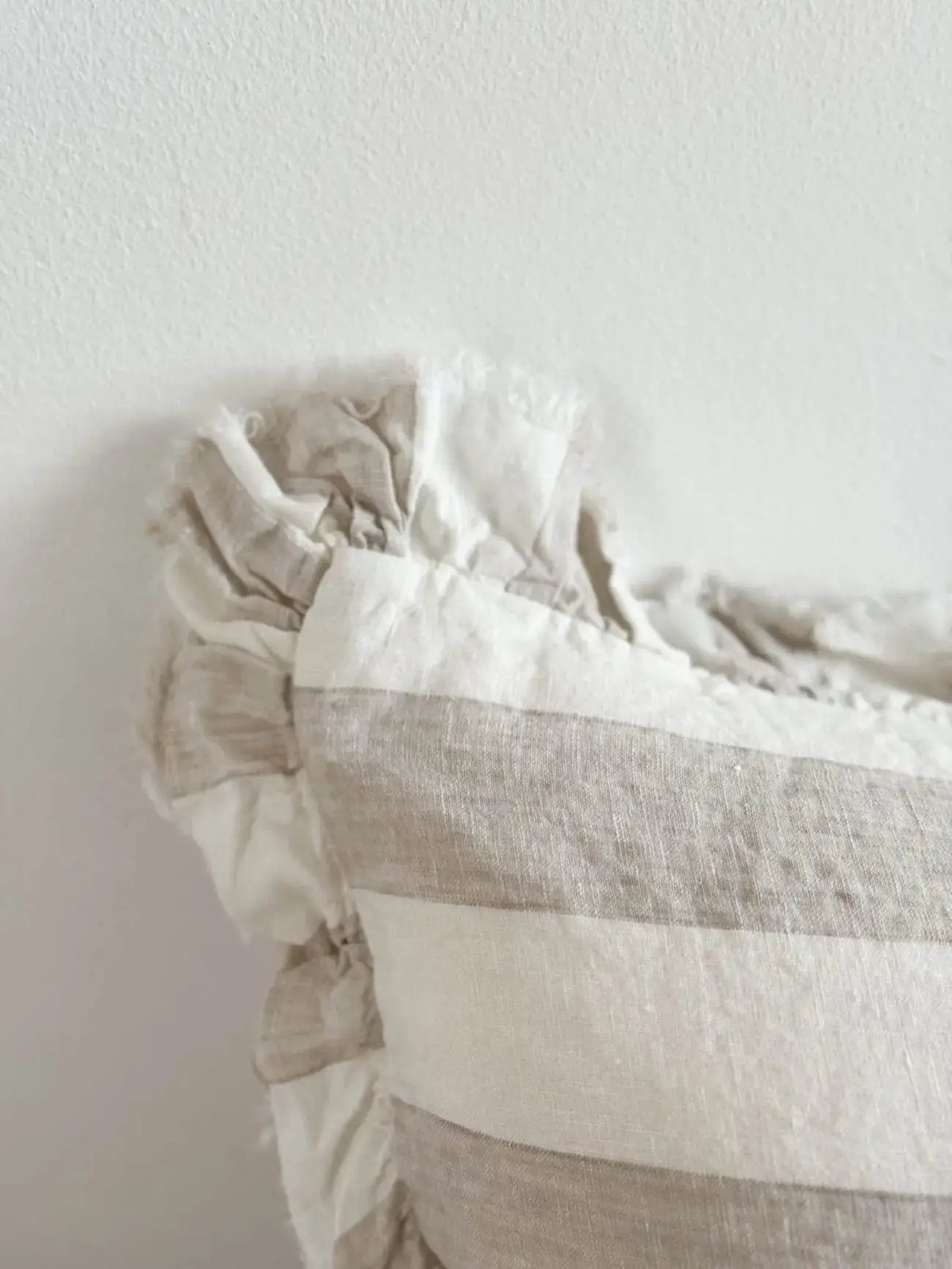 Large Ruffled Linen Cushion - Natural Wide Stripe: 53 x 53 cm