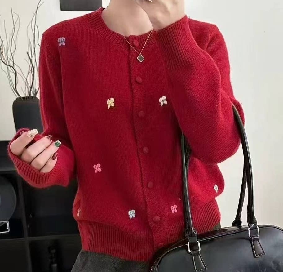 Wool Blend Embroidered Bow Detail Cardigan