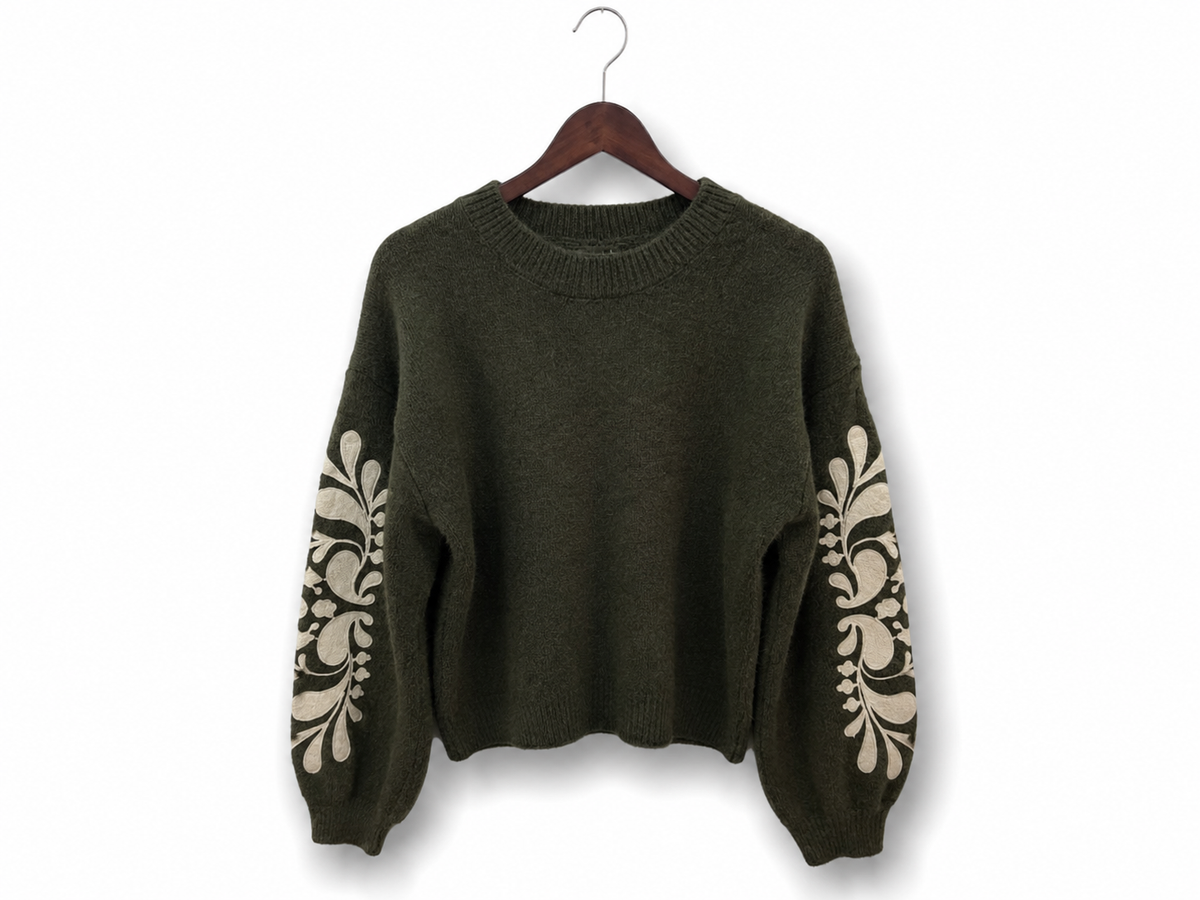 Knitted Jumper with Embroidered Sleeves – Khaki