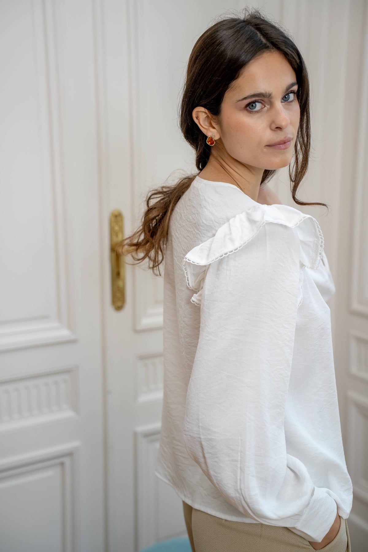 Josie White Ruffled Blouse with Lace