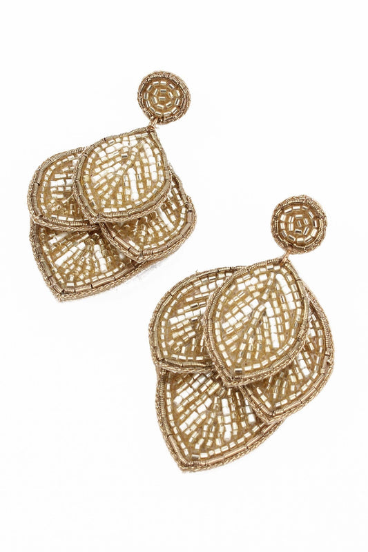Gold Beaded Leaf Earrings