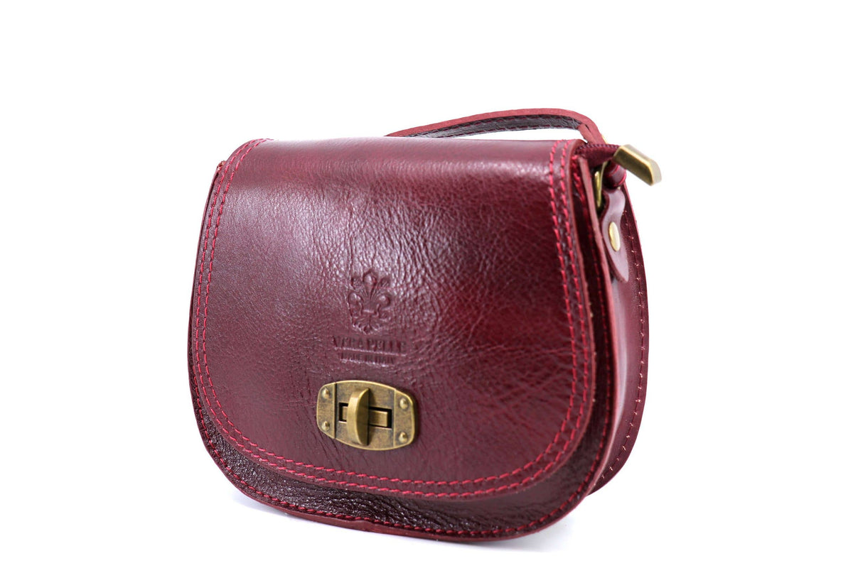 Italian Leather Crossbody Saddle Bag with Turn Lock: Wine