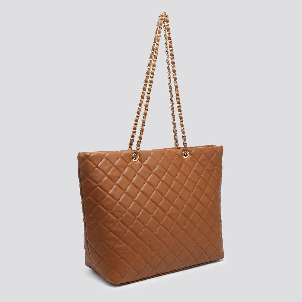 Quilted Vegan Leather Large Tote Bag - Brown