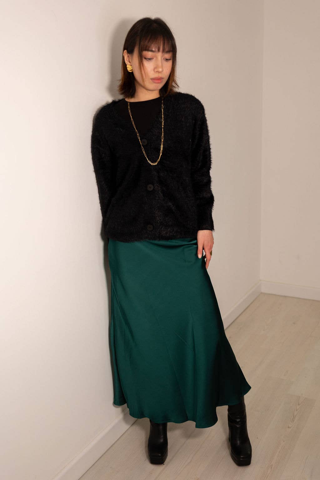 Satin Slip Skirt in Forest Green