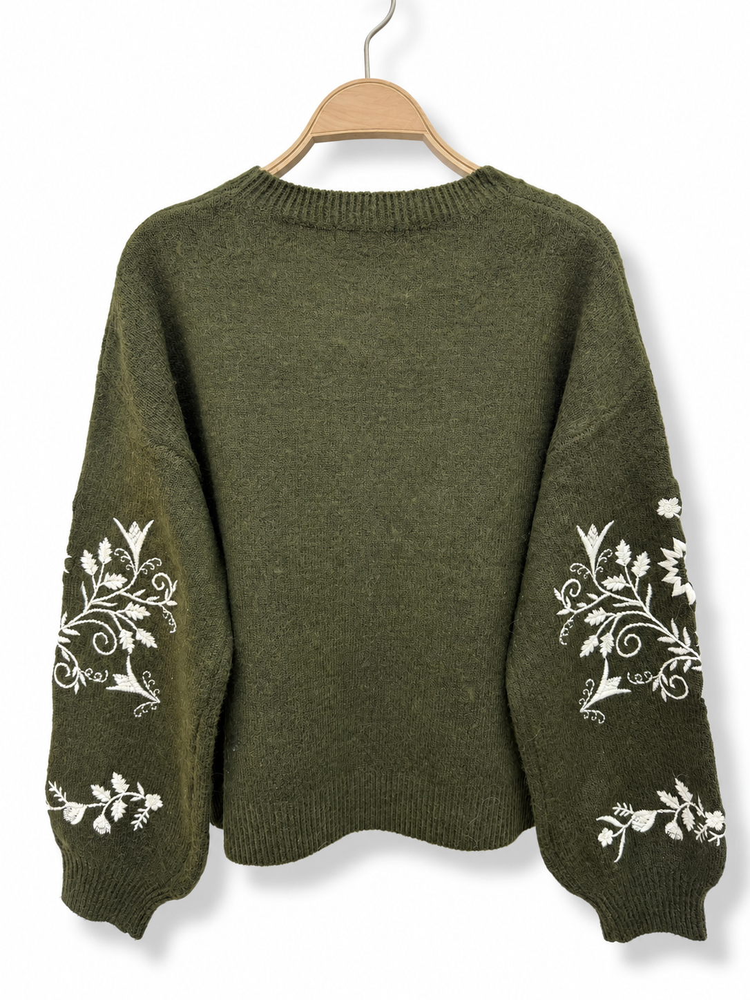 Knitted Jumper with Floral Embroidery Sleeves - Khaki