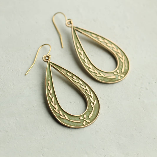 Art Nouveau Floral Sprig Hoop Earrings - Olive Green