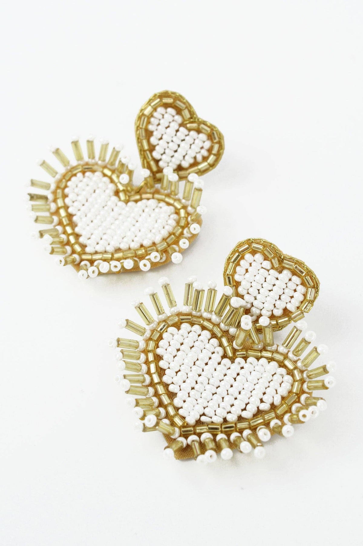 White Heart Beaded Tassel Earrings