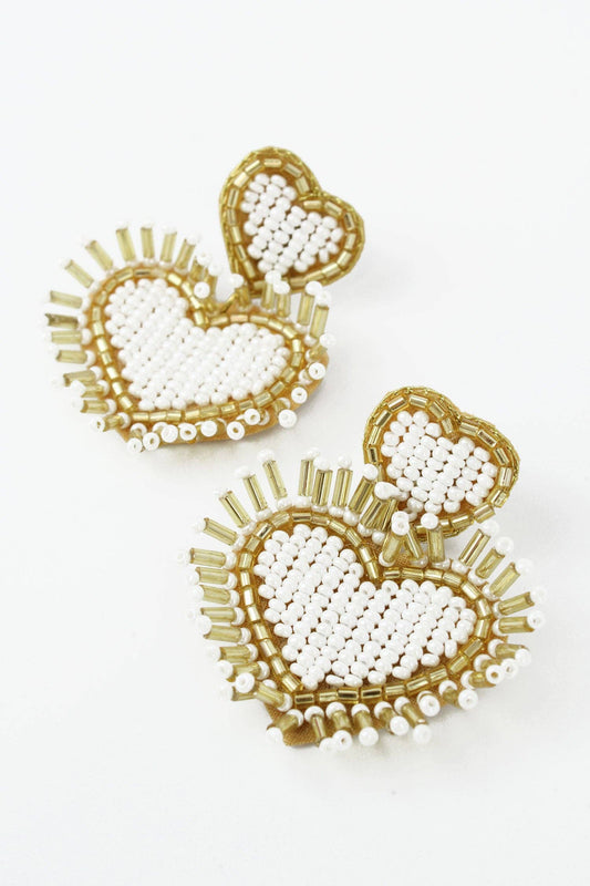 White Heart Beaded Tassel Earrings