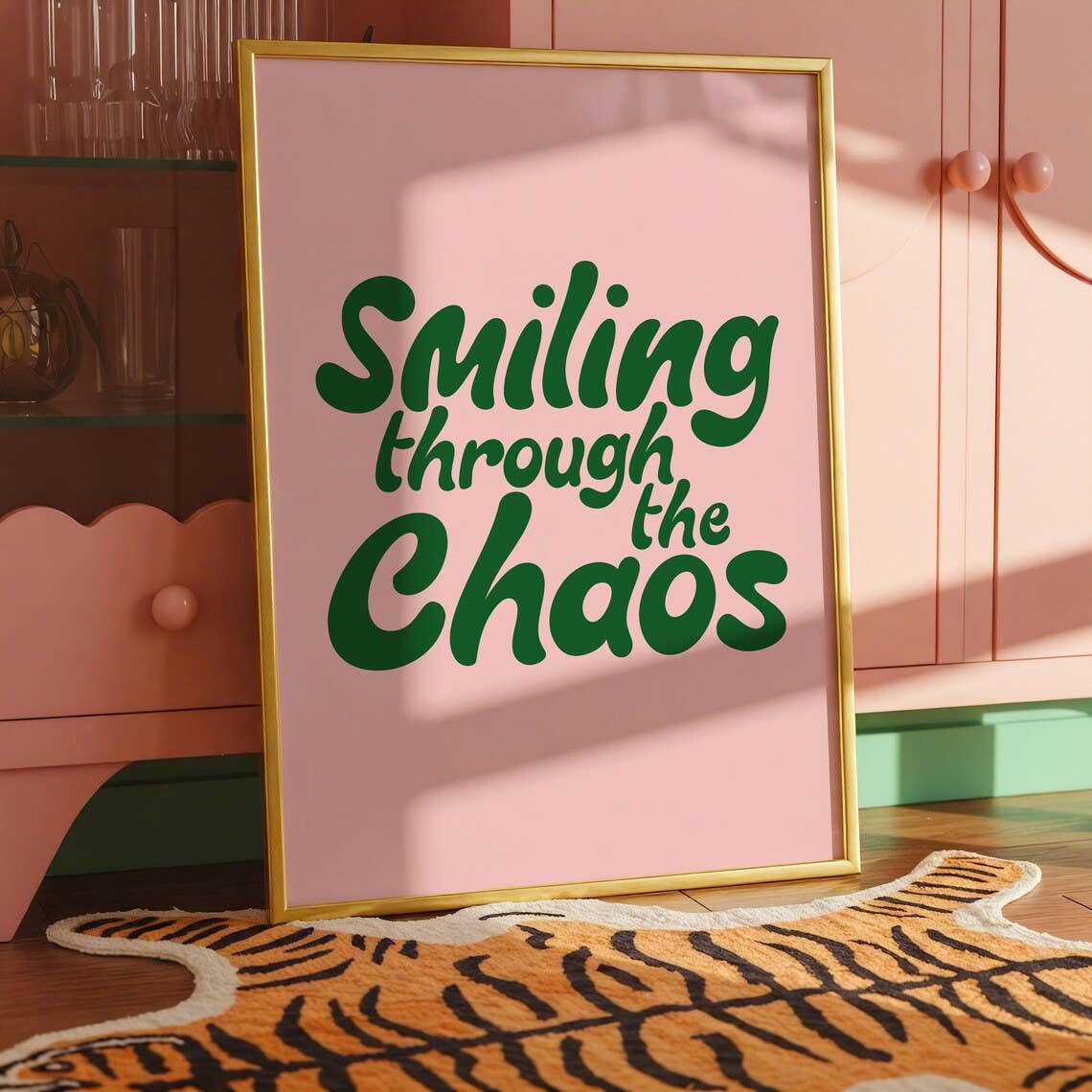 Smiling through the chaos cute pink and green print poster: A4