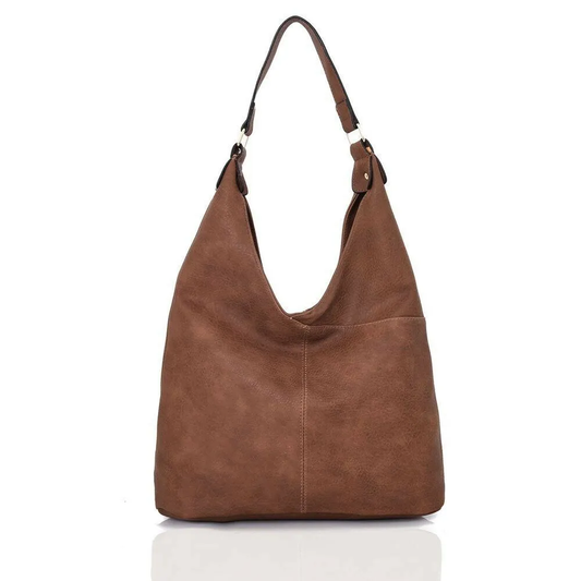 Leather Slouchy Tote Shoulder Bag - Tan Brown