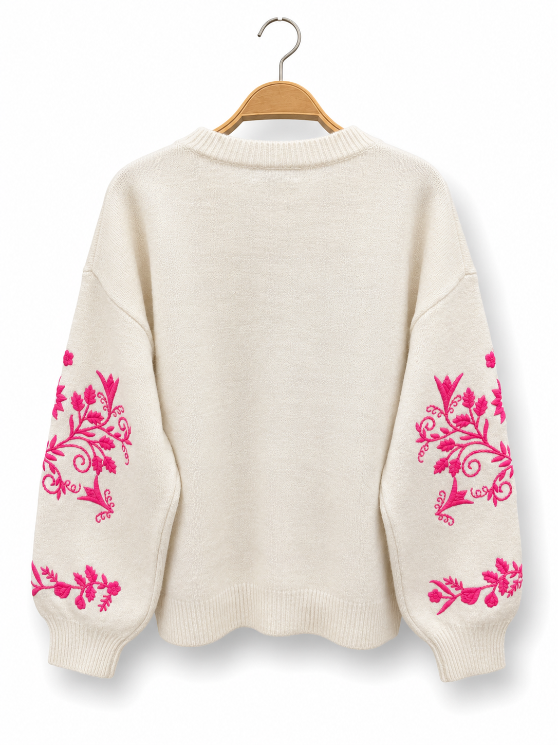 Knitted Jumper with Embroidered Sleeves - Winter White and Fuscia