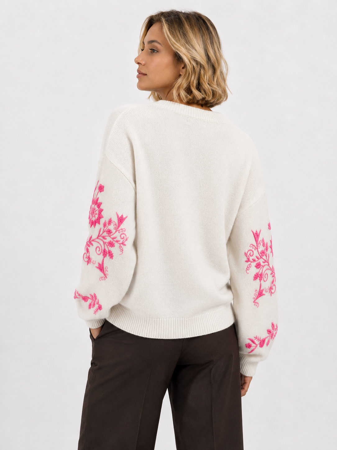 Knitted Jumper with Embroidered Sleeves - Winter White and Fuscia