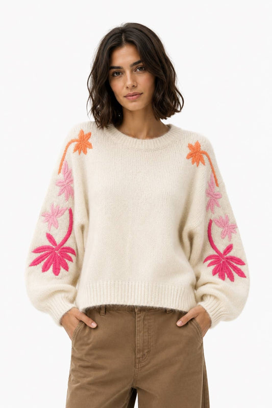 Embroidered Flower Jumper – Cream