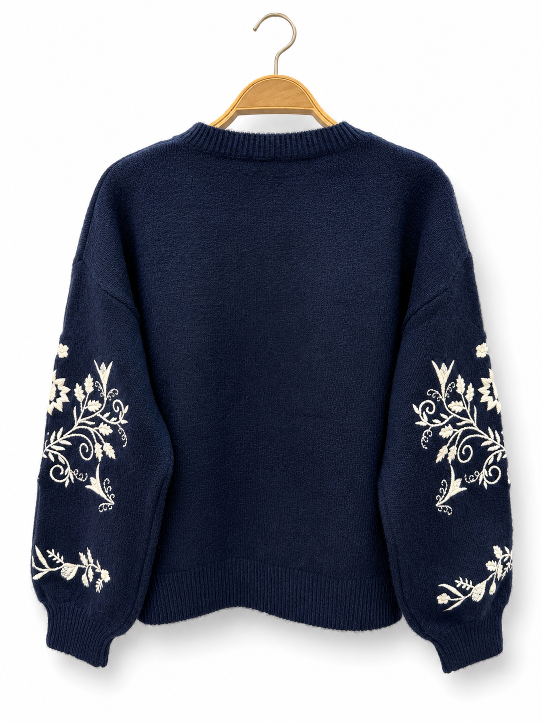 Knitted Jumper with Embroidered Sleeve Details - Navy