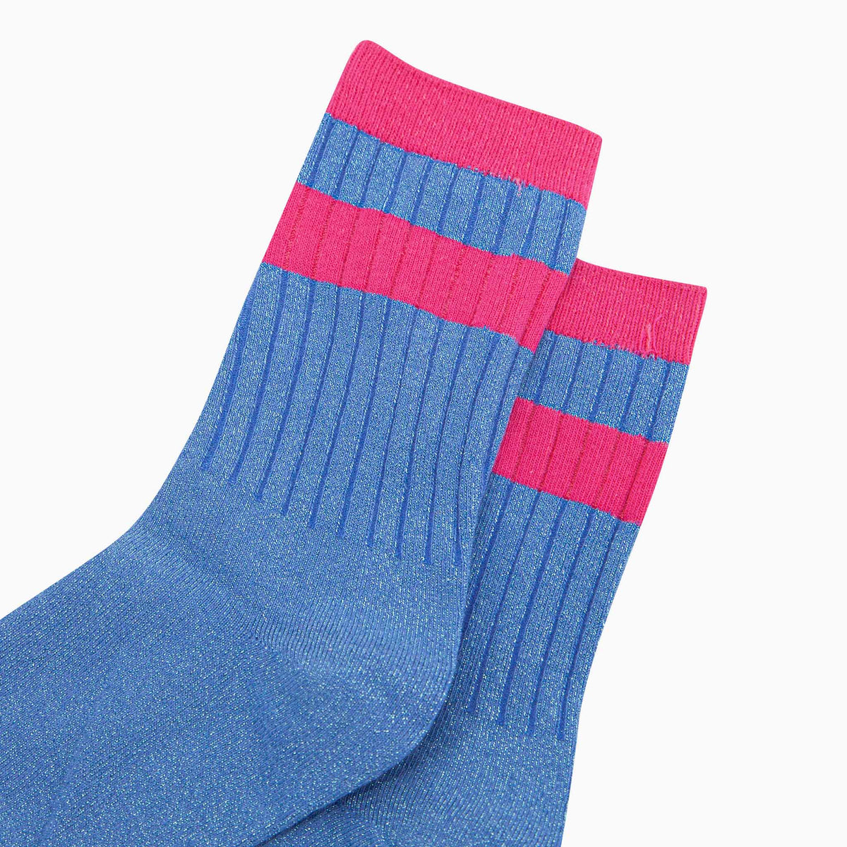 Striped Cuff Ribbed Cotton Glitter Socks in Blue/Pink