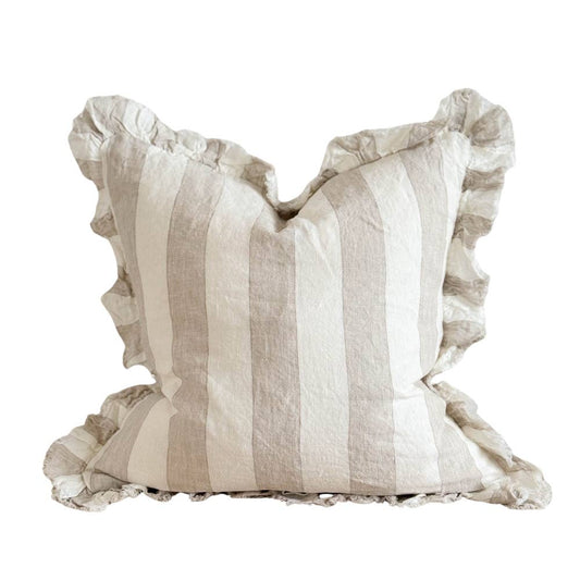 Large Ruffled Linen Cushion - Natural Wide Stripe: 53 x 53 cm