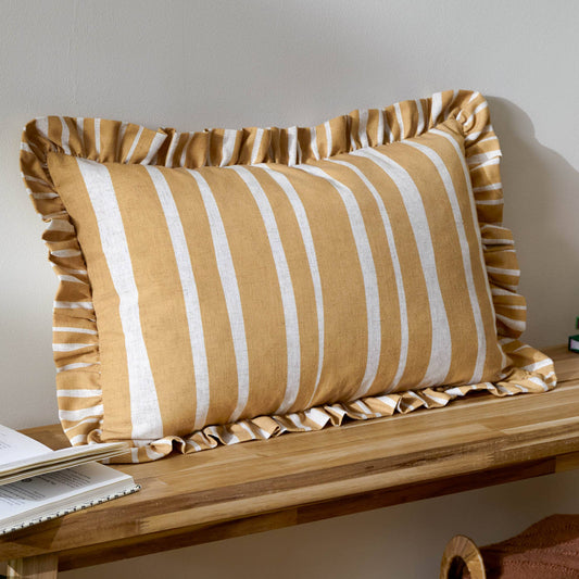 Stripe Ruffle Cushion Linen/Ochre: