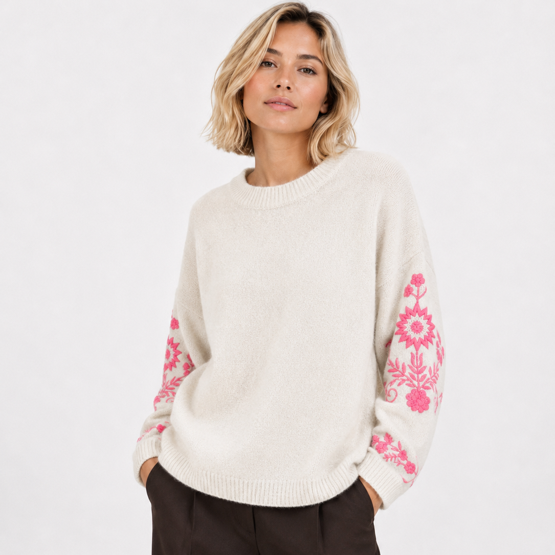 Knitted Jumper with Embroidered Sleeves - Winter White and Fuscia