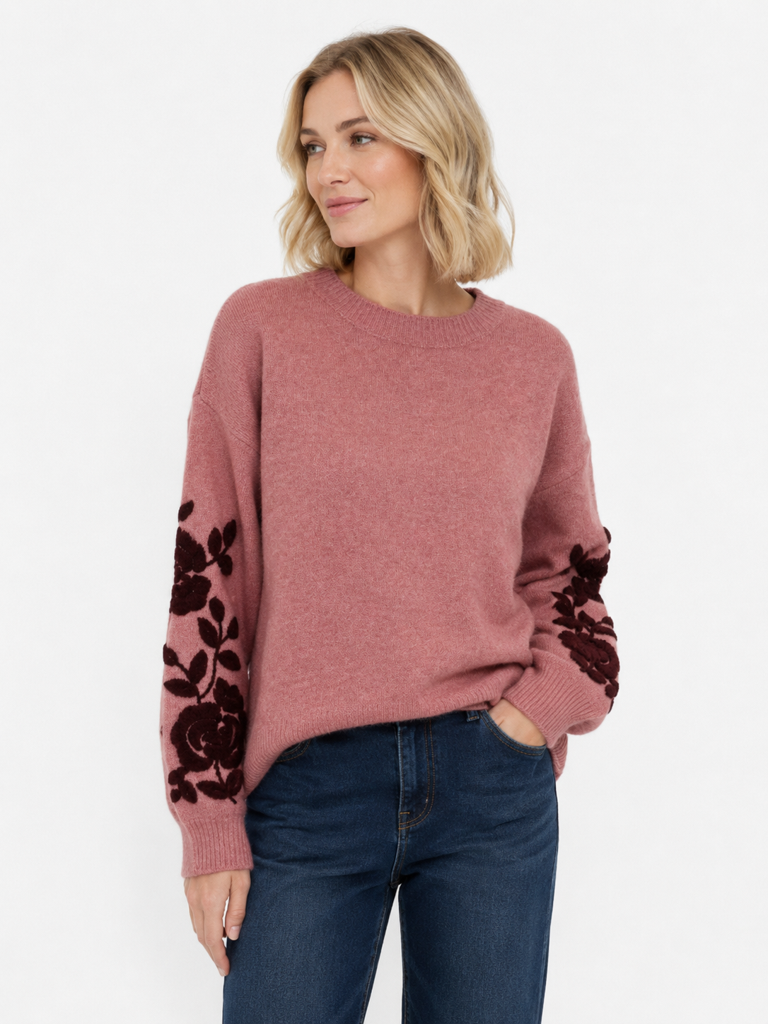 Knitted Jumper with Embroidered Sleeves - Dusty Rose and Burgundy
