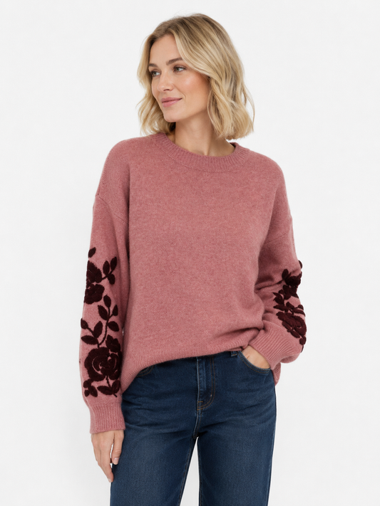 Knitted Jumper with Embroidered Sleeves - Dusty Rose and Burgundy
