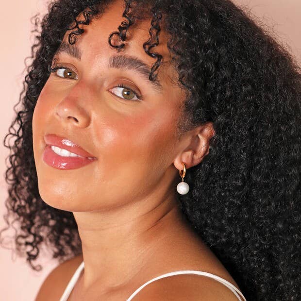 Stainless Steel Large Pearl Drop Huggie Hoop Earrings  Gold