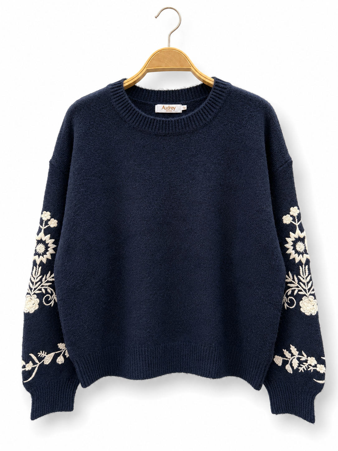 Knitted Jumper with Embroidered Sleeve Details - Navy