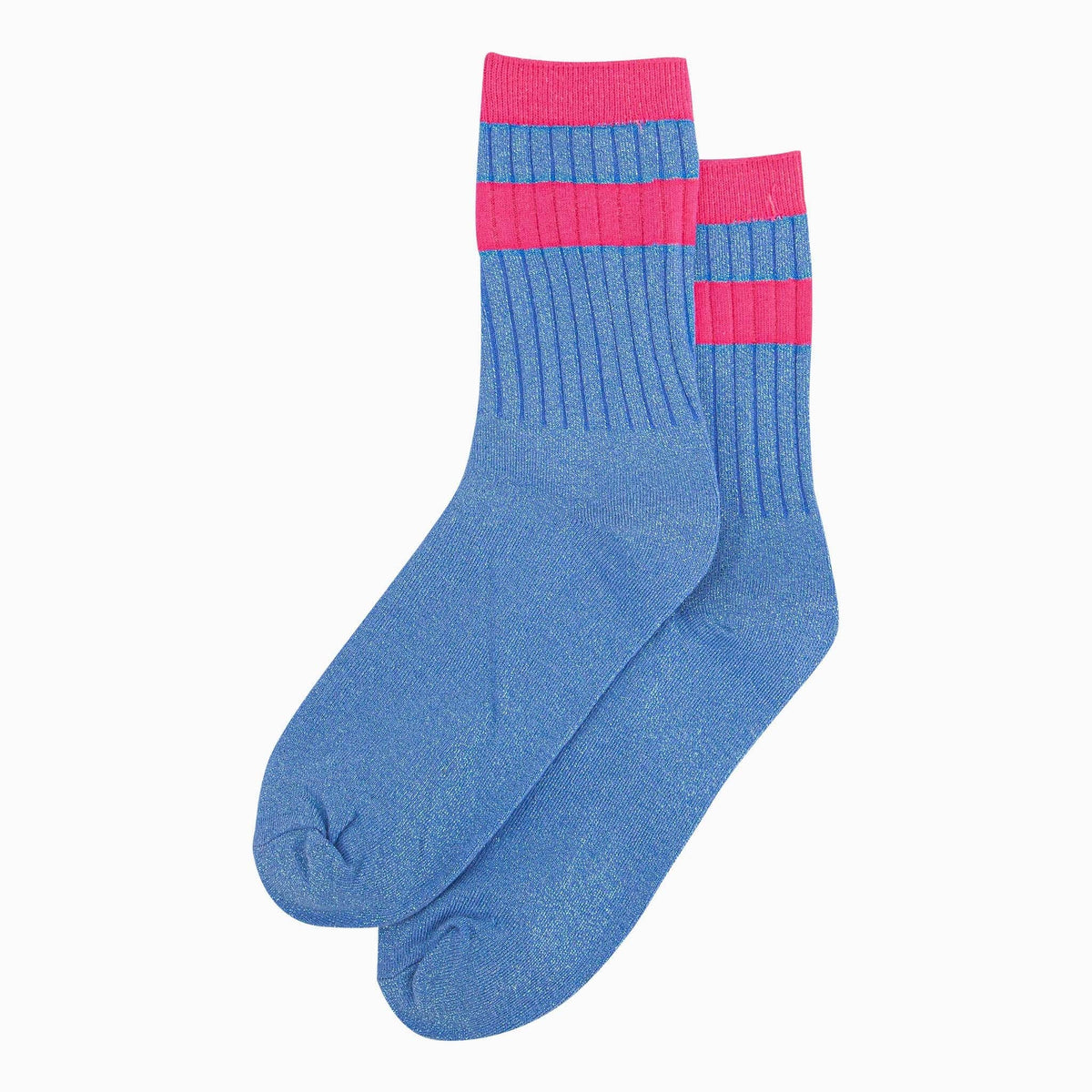 Striped Cuff Ribbed Cotton Glitter Socks in Blue/Pink